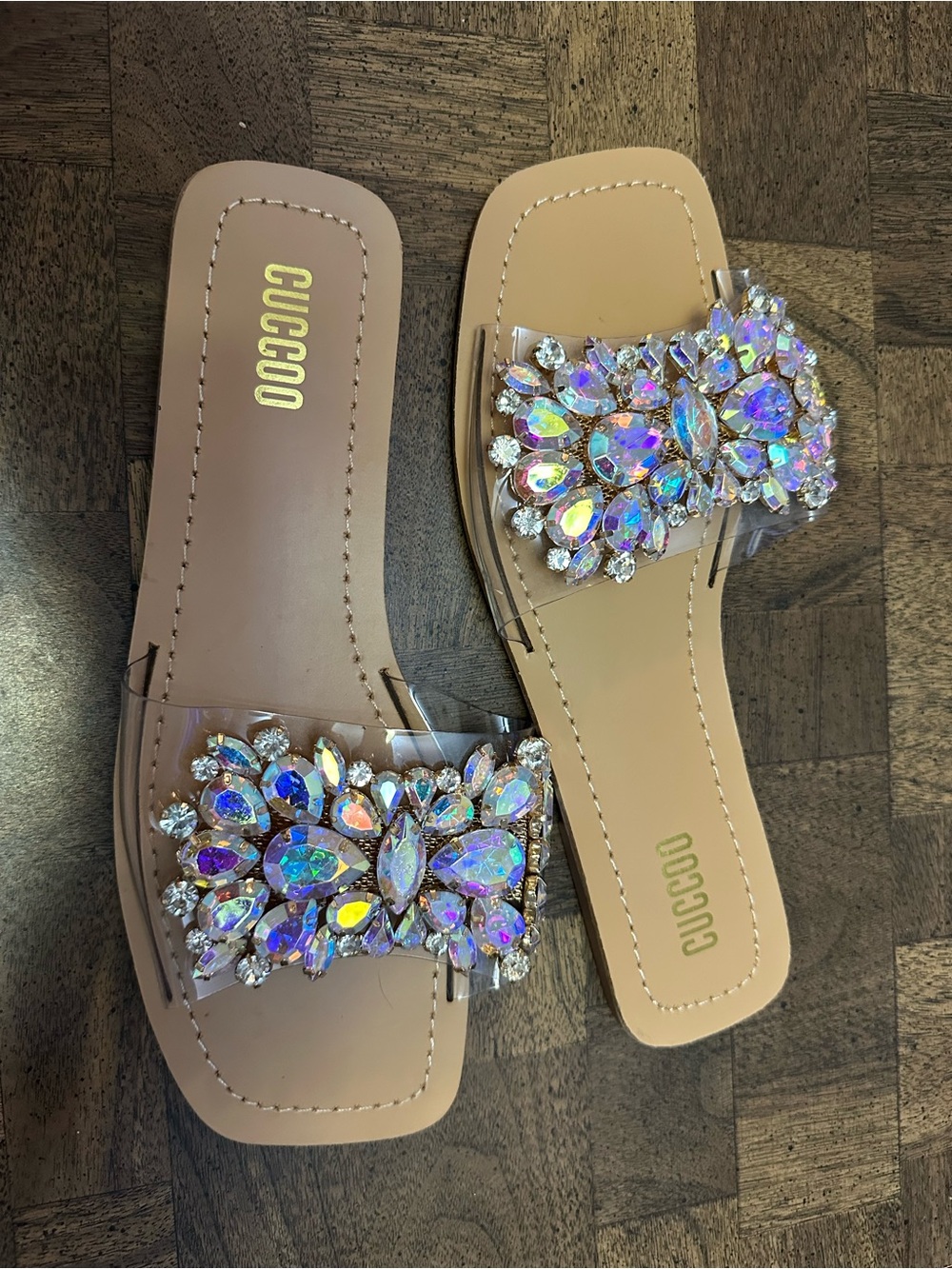 CUCCOO Nude Slide Sandals with Iridescent Crystal Cluster